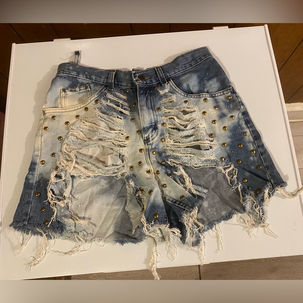 Distressed Denim Studded Shorts